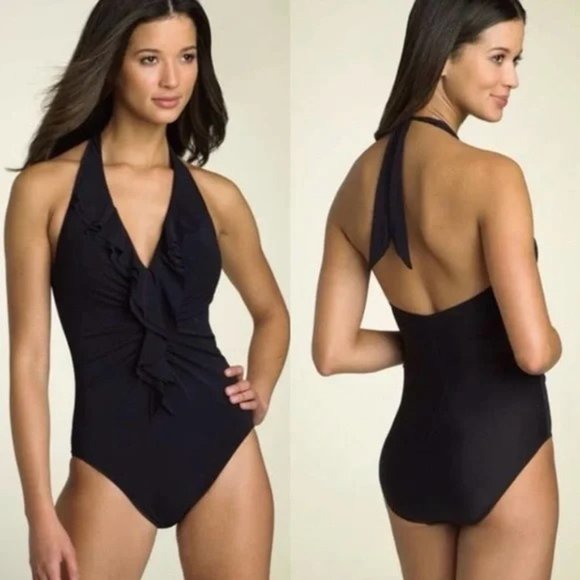 MIRACLESUIT SZ16 Black Ruffle Ruched Halter Plunge One-Piece Swimsuit S11349 - Picture 2 of 8